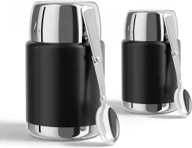 2 Pack 17 oz Vacuum Insulated Food Jar-Lunch Thermos Jars, Durable Stainless Steel Food Jar with Folding Spoon, Stays Hot or Cold for Up to 12 Hours, Easy-Clean&Leak-proof (Black)