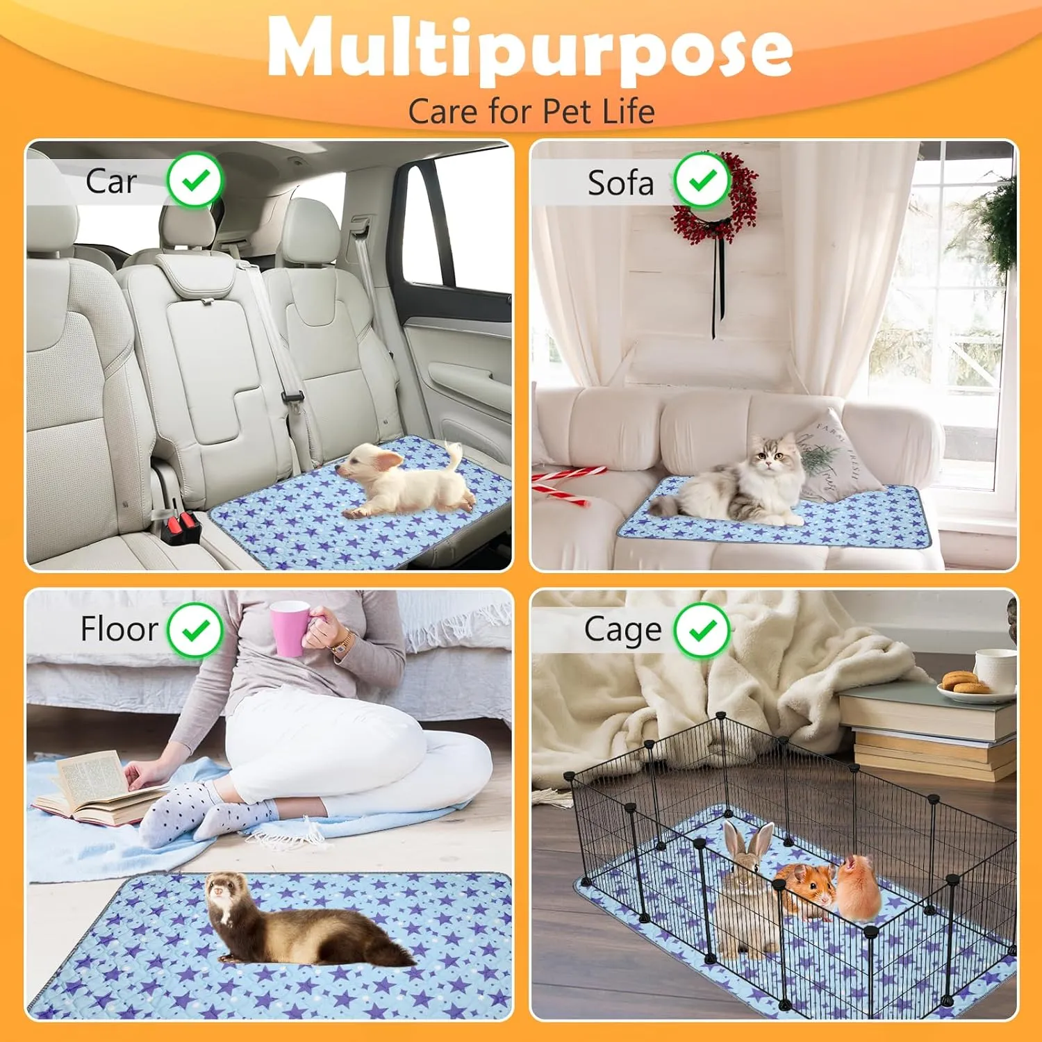 2 Pack Reusable Guinea Pig Cage Liners, 47" x 24" Washable Guinea Pig Pee Pads, Super Absorbent Waterproof Anti Slip Pee Pad, Guinea Pig Bedding Mat for Rabbit Hamster Small Animals - Blue