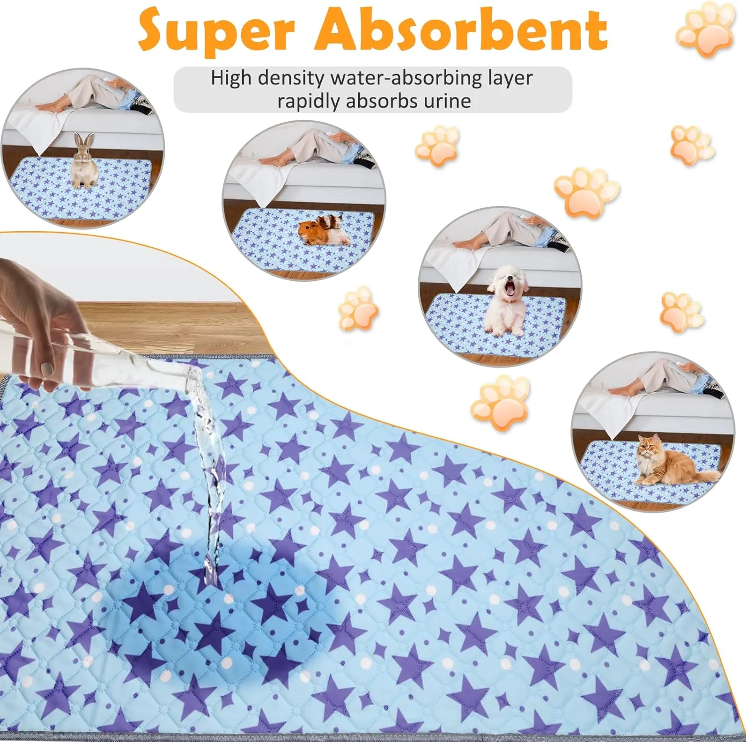 2 Pack Reusable Guinea Pig Cage Liners, 47" x 24" Washable Guinea Pig Pee Pads, Super Absorbent Waterproof Anti Slip Pee Pad, Guinea Pig Bedding Mat for Rabbit Hamster Small Animals - Blue
