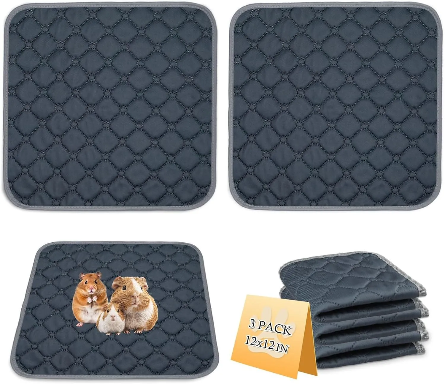 3 Pack Reusable Guinea Pig Cage Liners, 12" x 12" Washable Guinea Pig Pee Pads, Super Absorbent Waterproof Anti Slip Pee Pad, Guinea Pig Bedding Mat for Rabbit Hamster Small Animals - Gray