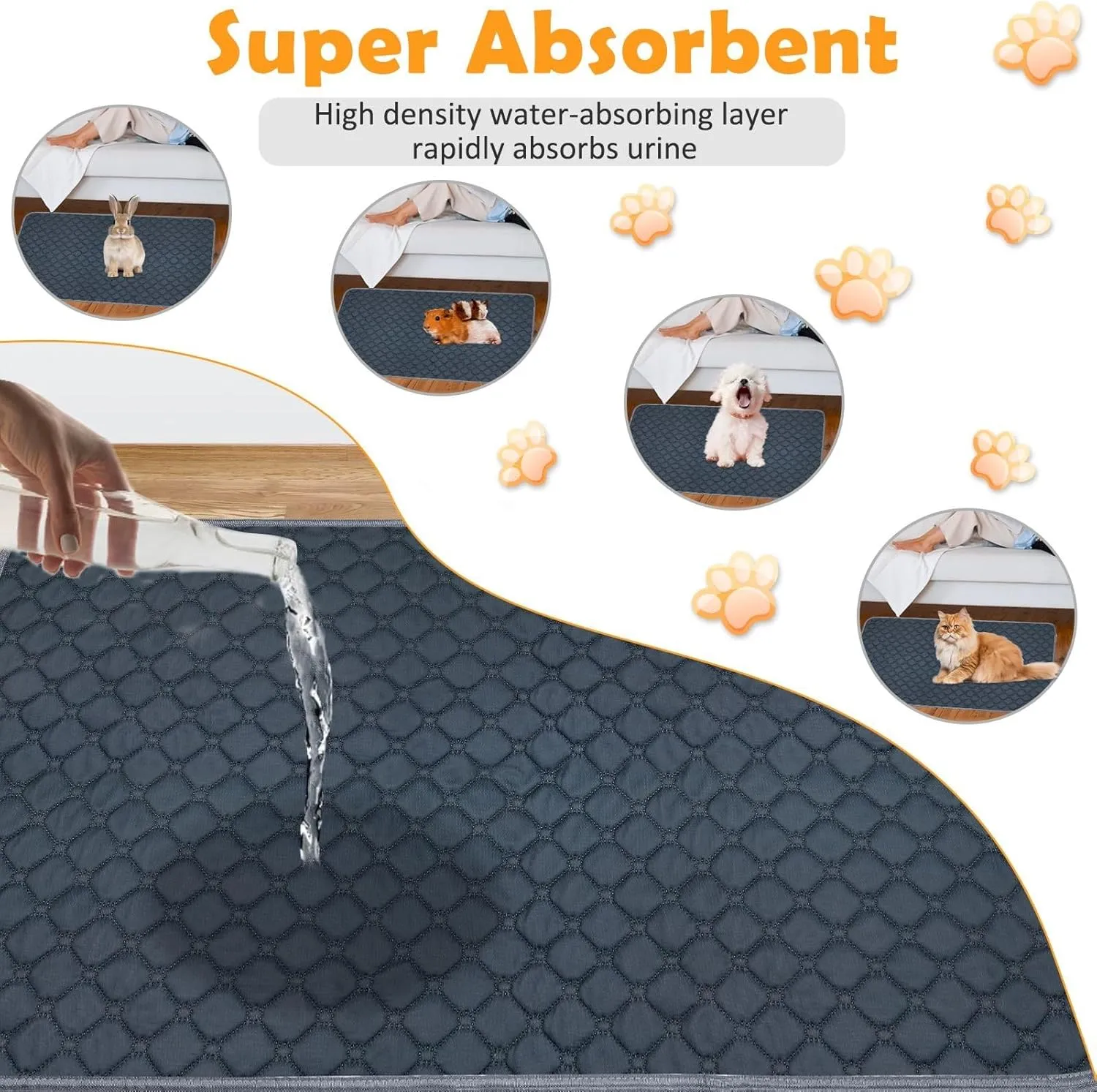 3 Pack Reusable Guinea Pig Cage Liners, 12" x 12" Washable Guinea Pig Pee Pads, Super Absorbent Waterproof Anti Slip Pee Pad, Guinea Pig Bedding Mat for Rabbit Hamster Small Animals - Gray