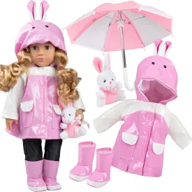 4pc Pink Bunny Raincoat Doll Outfit w Rabbit Plush- 18" Doll Clothes & Accessories Compatible w American Girl Dolls- Set Includes Raincoat, Umbrella, Boots & Pet Bunny- Gifts for Girls