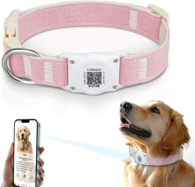 Airtag Dog Collar QR Code - IP68 Waterproof Integrated Air Tag Dog Collar Holder ID Tag - Free Pet Online Profile - Durable Natural Cotton Hemp - Fits for Small Medium Large Dogs (Pink, M)