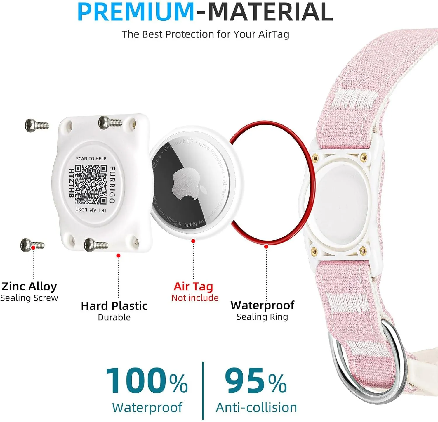 Airtag Dog Collar QR Code - IP68 Waterproof Integrated Air Tag Dog Collar Holder ID Tag - Free Pet Online Profile - Durable Natural Cotton Hemp - Fits for Small Medium Large Dogs (Pink, M)