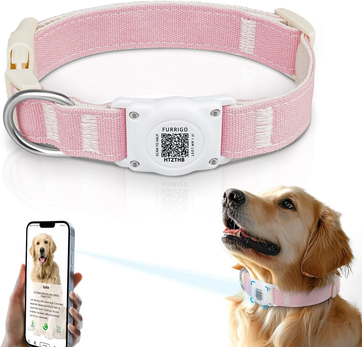Airtag Dog Collar QR Code - IP68 Waterproof Integrated Air Tag Dog Collar Holder ID Tag - Free Pet Online Profile - Durable Natural Cotton Hemp - Fits for Small Medium Large Dogs (Pink, M)