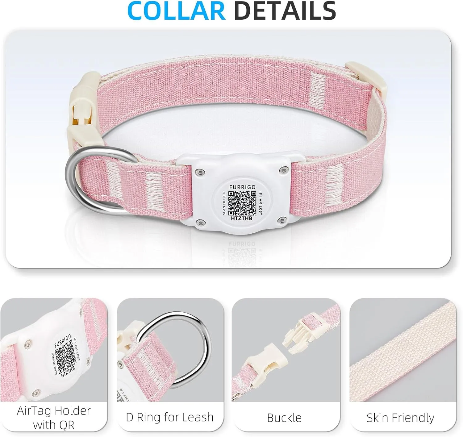 Airtag Dog Collar QR Code - IP68 Waterproof Integrated Air Tag Dog Collar Holder ID Tag - Free Pet Online Profile - Durable Natural Cotton Hemp - Fits for Small Medium Large Dogs (Pink, M)