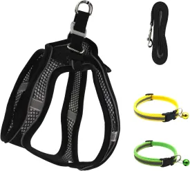 Andiker 4pcs Small Dog Harness and Leash Set, with Night Reflective Straps and Breathable Mesh Summer Puppy Harness with 2pcs Puppy Collars Lightweight Easy to Walk for Small Dogs, Cats (Black)