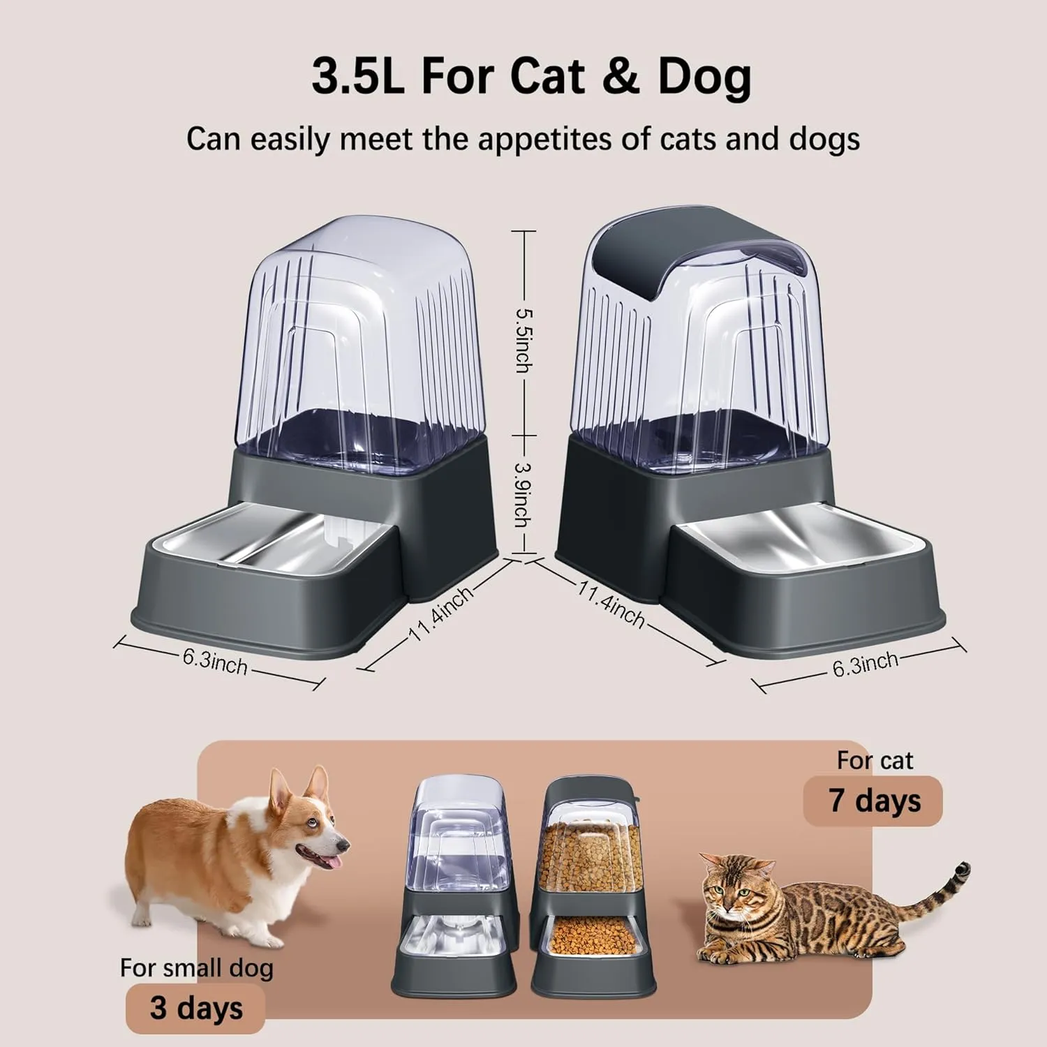 Automatic Dog and Cat Food Feeder and Water Dispenser Set with Stainless Steel Bowls,Gravity Pet Food and Water Feeders,100% BPA-Free,Large Capacity for Cats Dogs Pets(3.5L Dark Gray)