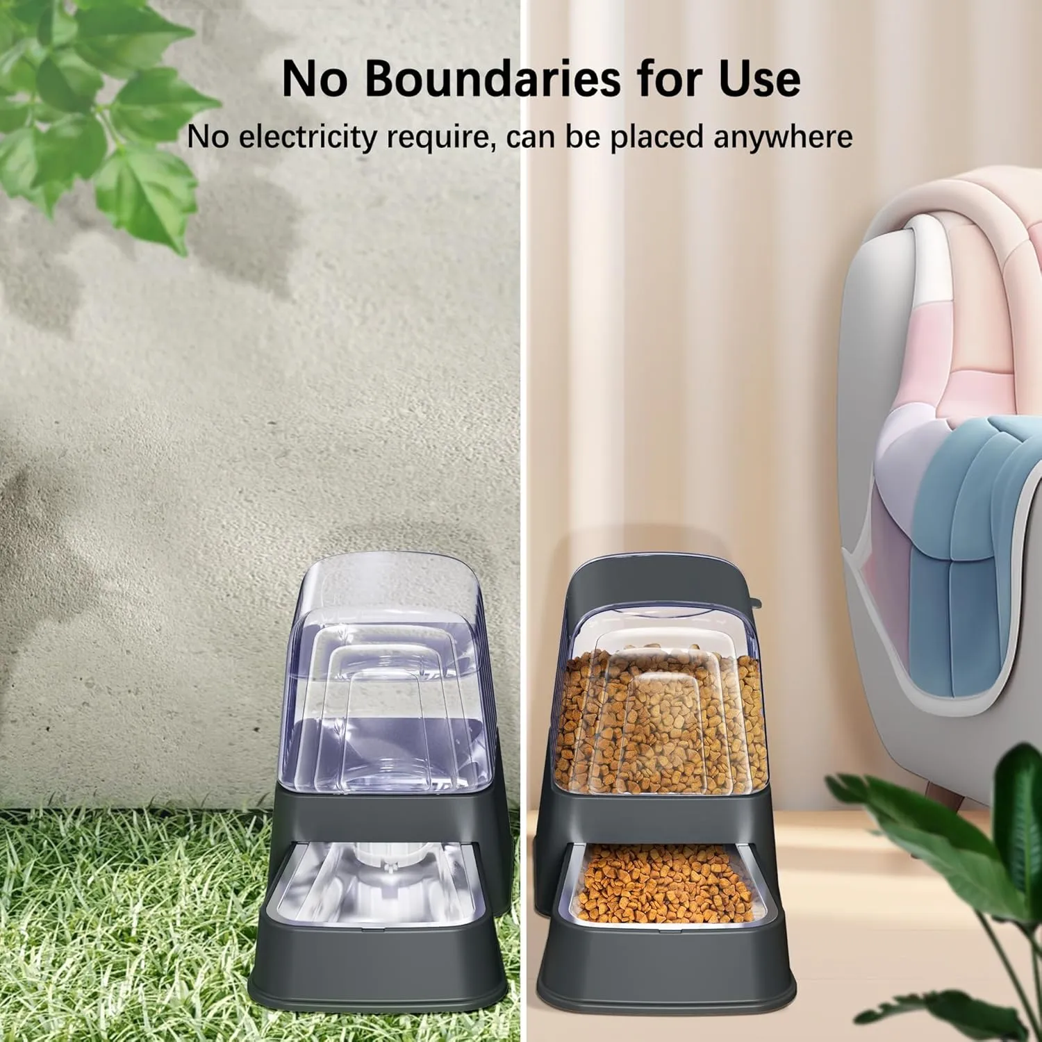Automatic Dog and Cat Food Feeder and Water Dispenser Set with Stainless Steel Bowls,Gravity Pet Food and Water Feeders,100% BPA-Free,Large Capacity for Cats Dogs Pets(3.5L Dark Gray)