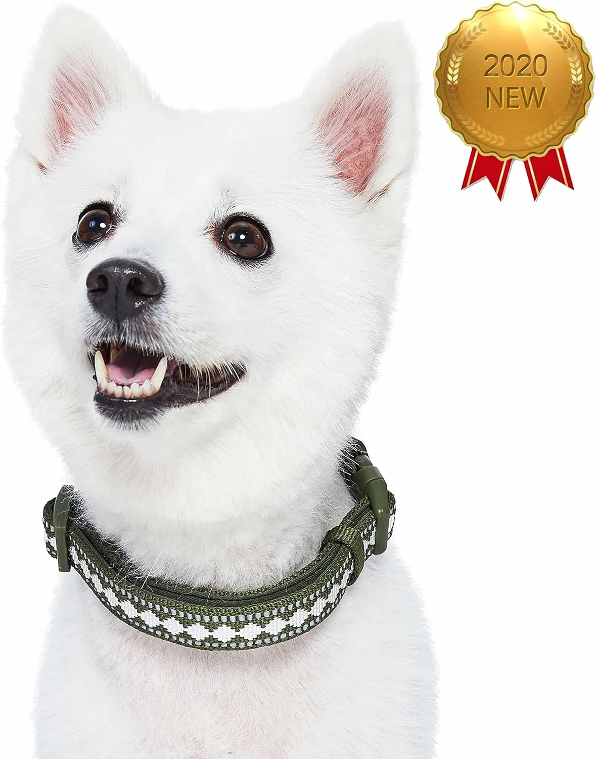 Blueberry Pet 3 Colors 3M Reflective Jacquard Neoprene Padded Adjustable Dog Collar, Olive, Small, Neck 12"-16"