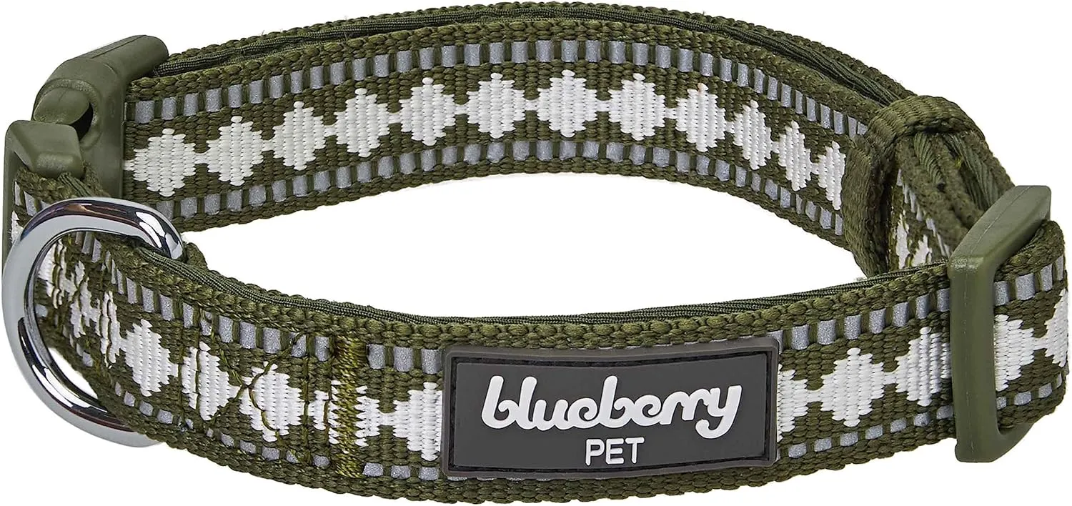 Blueberry Pet 3 Colors 3M Reflective Jacquard Neoprene Padded Adjustable Dog Collar, Olive, Small, Neck 12"-16"