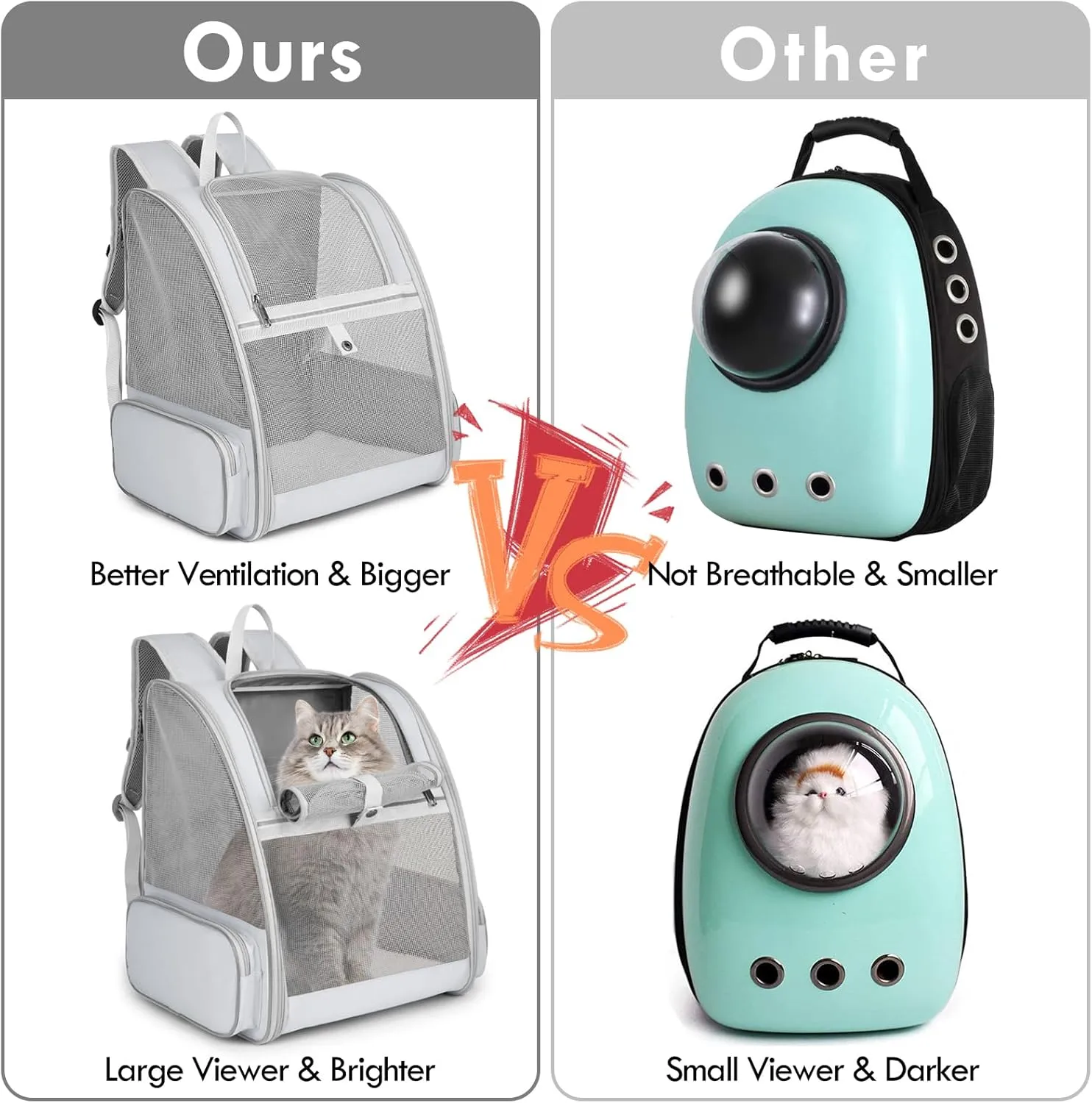 Cat Backpack Carrier, Large Pet Backpack with Kitten Wand Feather Toy for Medium Small Dog Cat Puppy Kitty Bunny up to 15lbs, Ventilated Mesh Dog Travel Carrier for Hiking Walking Outdoor Use (Grey)