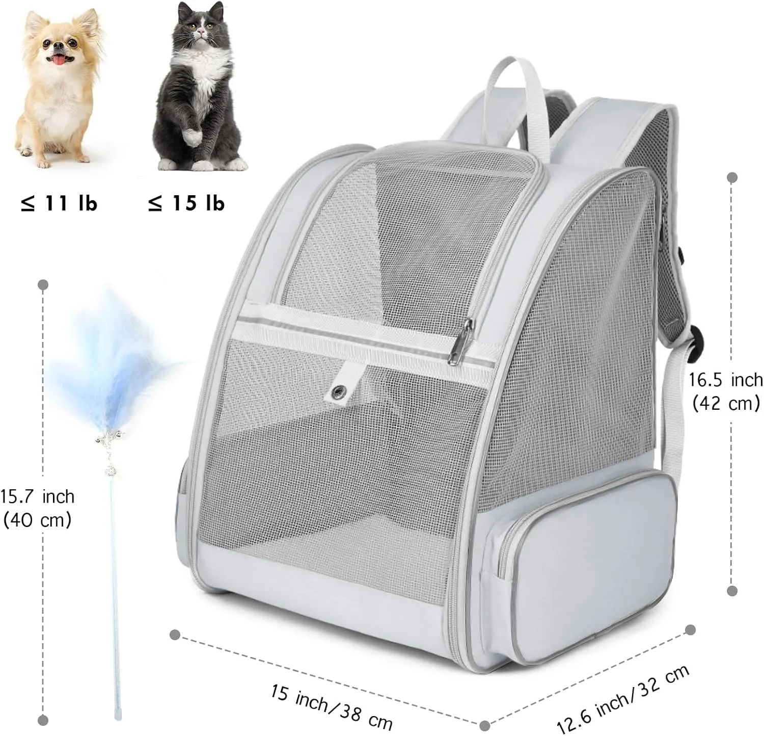 Cat Backpack Carrier, Large Pet Backpack with Kitten Wand Feather Toy for Medium Small Dog Cat Puppy Kitty Bunny up to 15lbs, Ventilated Mesh Dog Travel Carrier for Hiking Walking Outdoor Use (Grey)