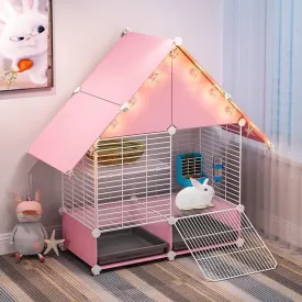 Choowin 2-Story Small Rabbit Cage Bunny Hutch Guinea Pig Cage Small Animals Cage, Metal Wire Netting Villa with Pull-Out Tray, Indoor Habitat Cage for Ferret Chinchilla Hedgehog, Pink