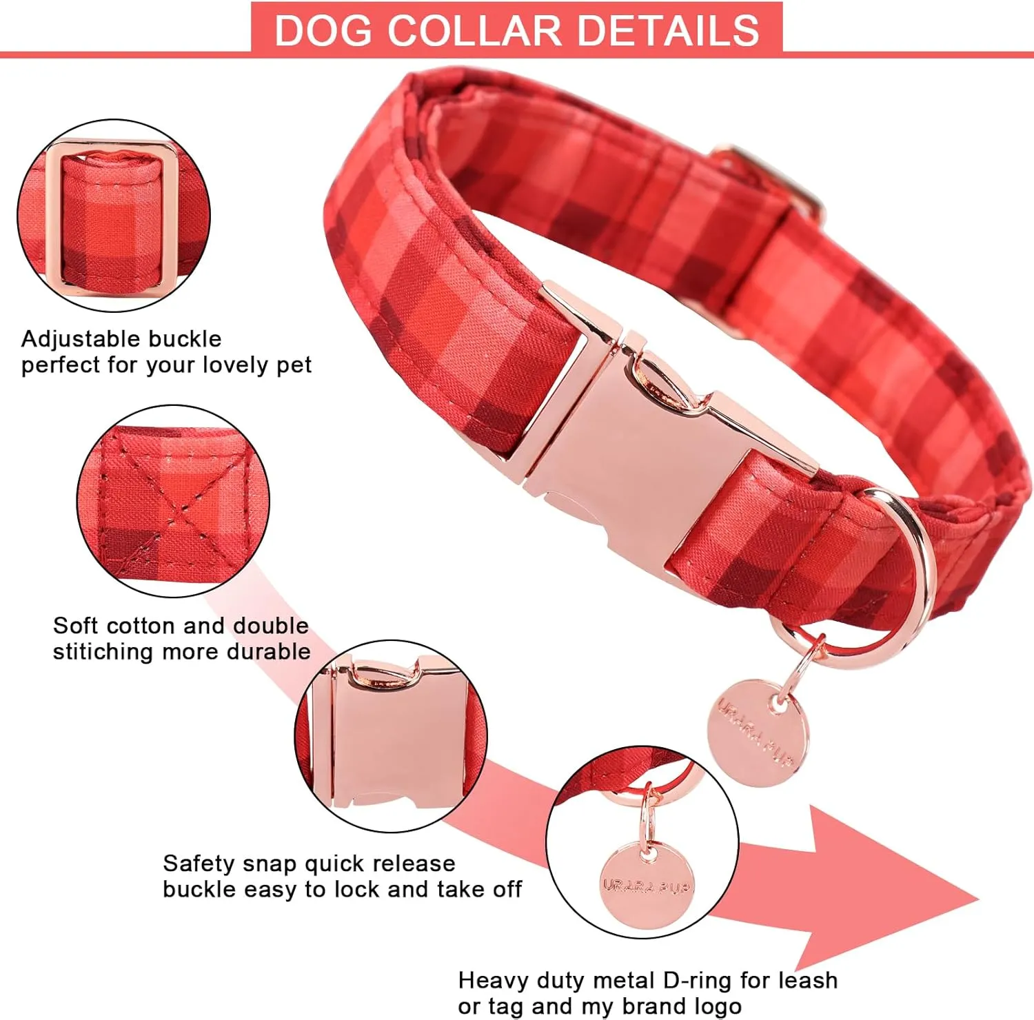 Christmas Dog Collar, Christmas Collar for Puppy Girl Boy Dog or Cat, Red Plaid Dog Collar with Durable Metal Buckle, Cute Pet Collar, S