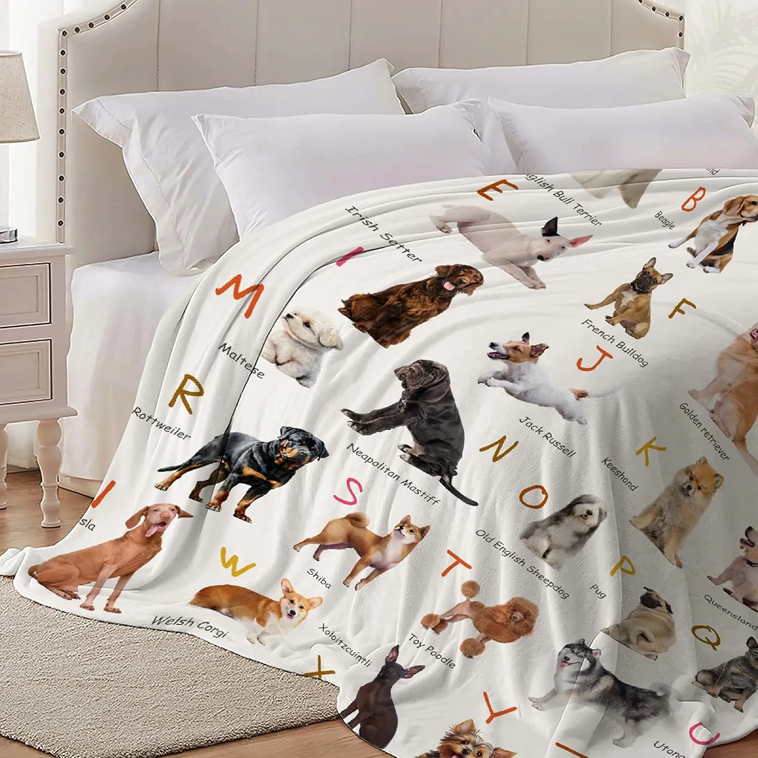 Dog Alphabet Print Blanket, Personalized Dachshund Blanket, Dog Gift for Dog Lovers Mom Dad Cute Dog Paw Prints Soft Flannel Throw Blanket for Bed Sofa Travel Extra Small 40''x30'' for Pet