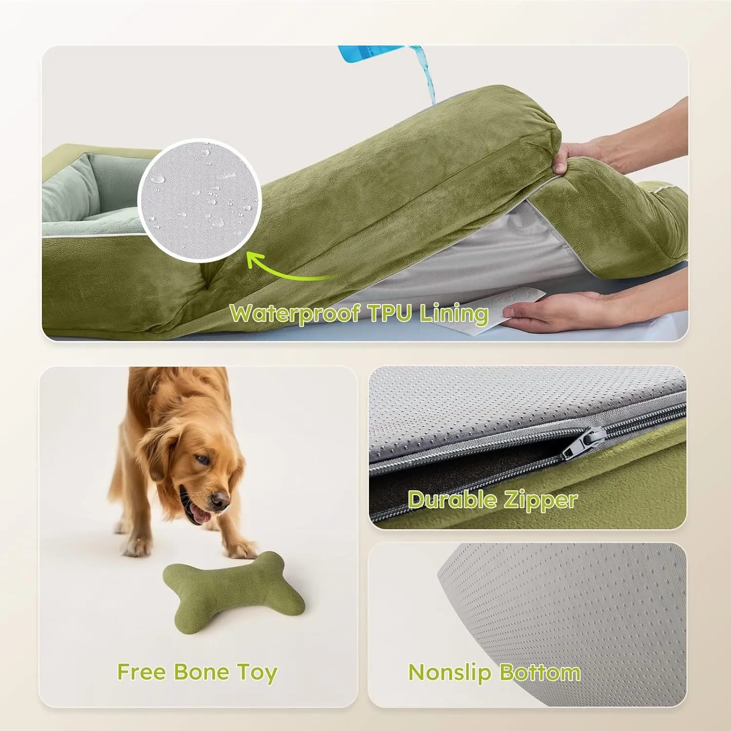 Dog Beds for Large Dogs, Orthopedic Dog Bed with Cooling Gel Memory Foam, Waterproof Large Pet Bed with Removable Washable Cover, 36" Pet Sofa Couch Dutch Velvet with Bone Toy, Dark Green