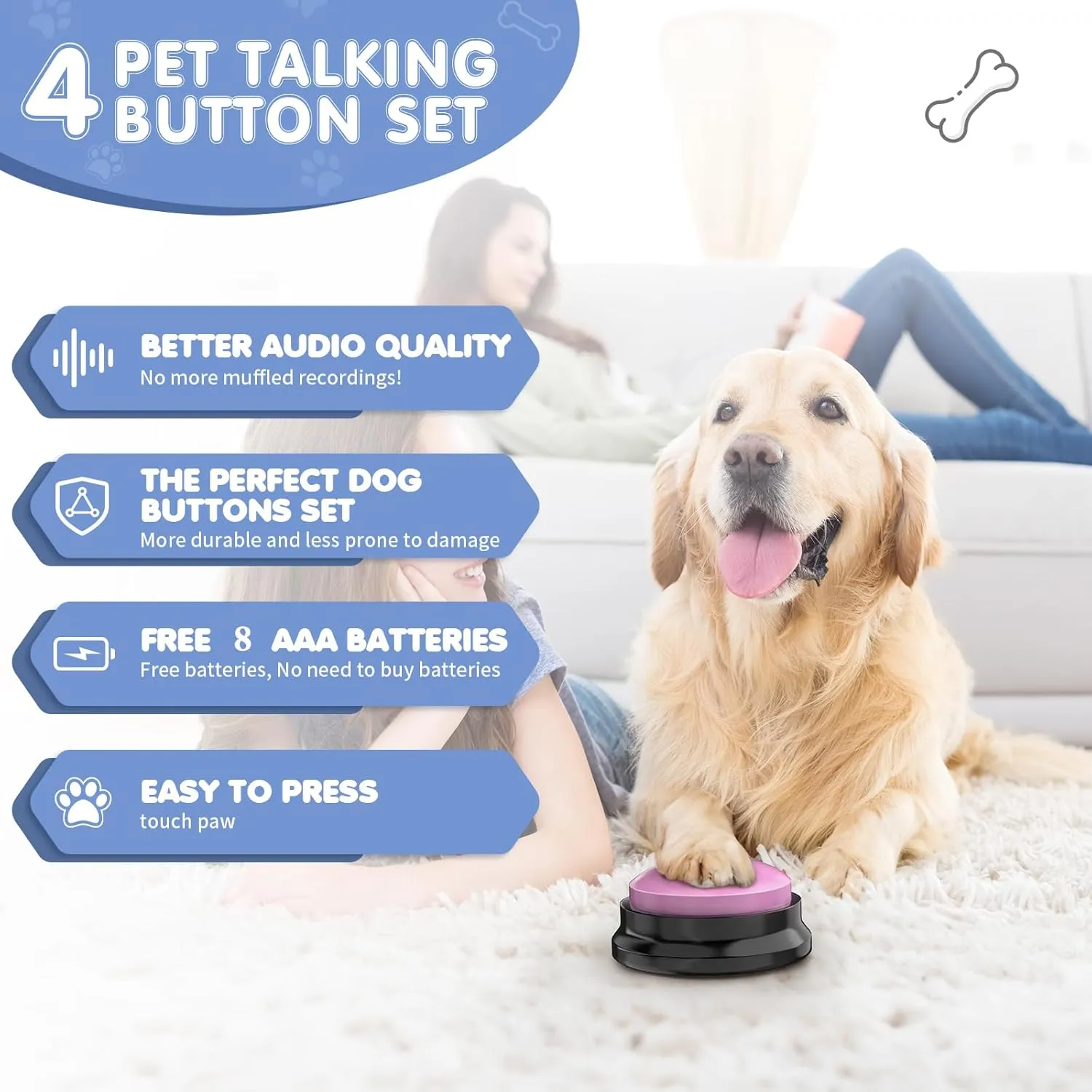 Dog Communication Buttons, 4 Pieces, 30s Recordable Voice, Pet Training Buttons, with Manual, Batteries, 24 Scene Modes, Dog Button Mat