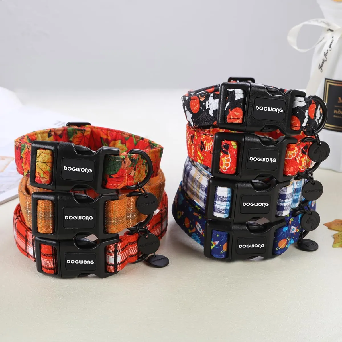 DOGWONG Cotton Dog Collar, Heavy-Duty Fall Dog Collar Durable Soft Fabric Pet Dog Collars Cute Halloween Puppy Necklace for Small Medium Large Dogs