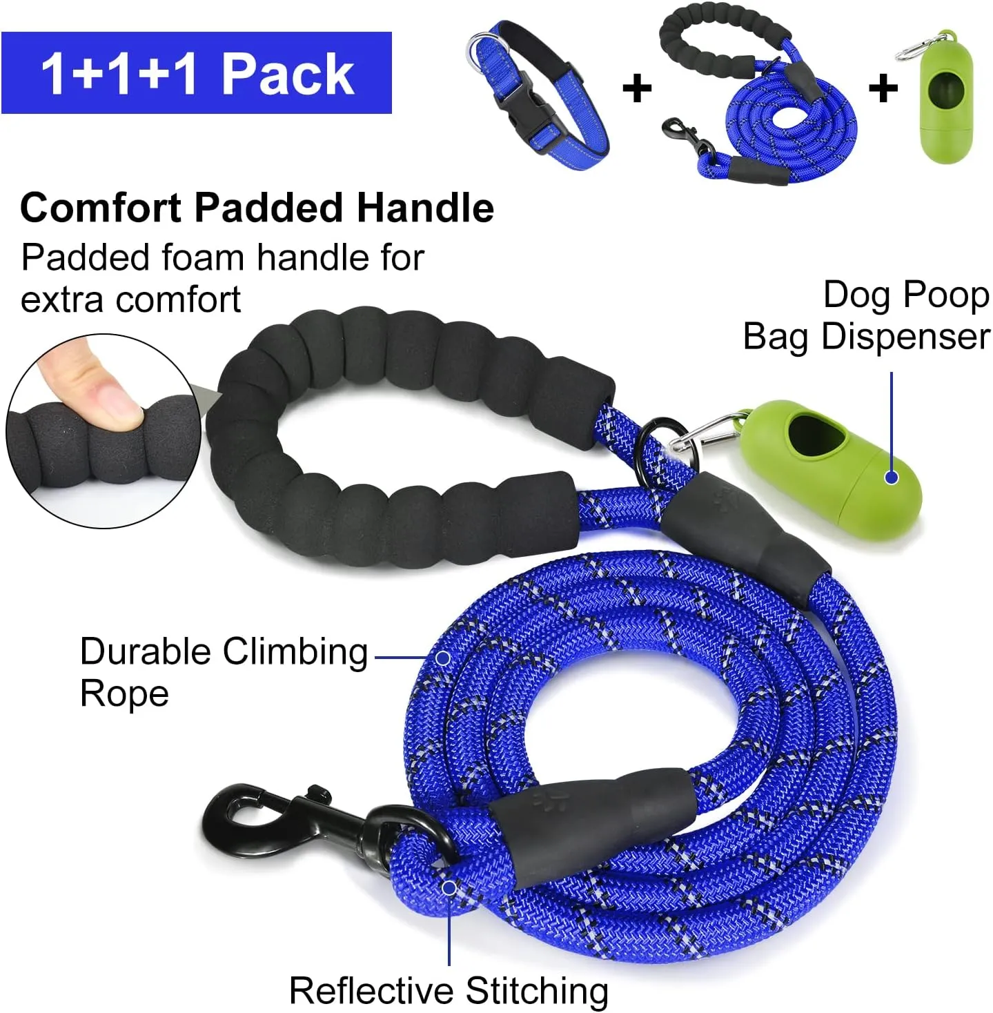 Dynmeow Reflective Dog Collar and Leash Set, 6FT Strong Climbing Rope Leash with Padded Handle, Adjustable Pet Collar with Soft Neoprene Padding for Medium Large Dogs, Navy-Blue, M