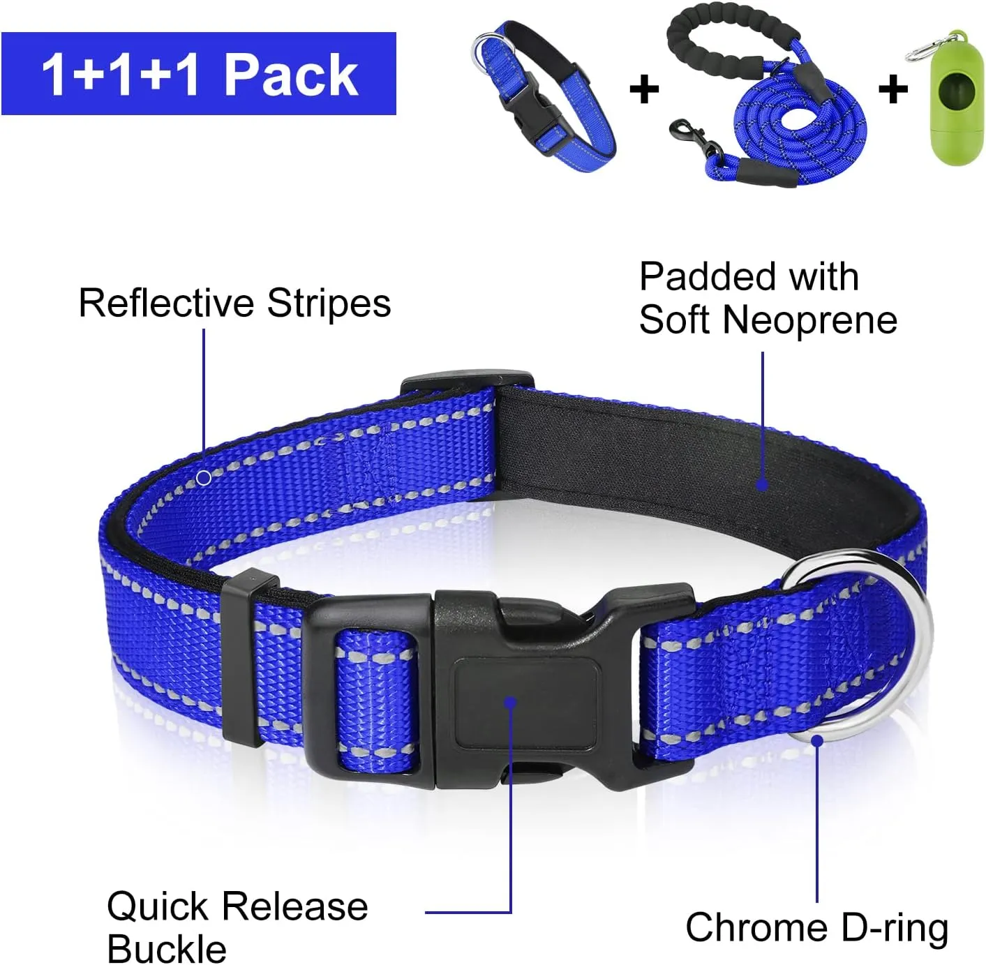 Dynmeow Reflective Dog Collar and Leash Set, 6FT Strong Climbing Rope Leash with Padded Handle, Adjustable Pet Collar with Soft Neoprene Padding for Medium Large Dogs, Navy-Blue, M