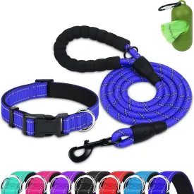 Dynmeow Reflective Dog Collar and Leash Set, 6FT Strong Climbing Rope Leash with Padded Handle, Adjustable Pet Collar with Soft Neoprene Padding for Medium Large Dogs, Navy-Blue, M