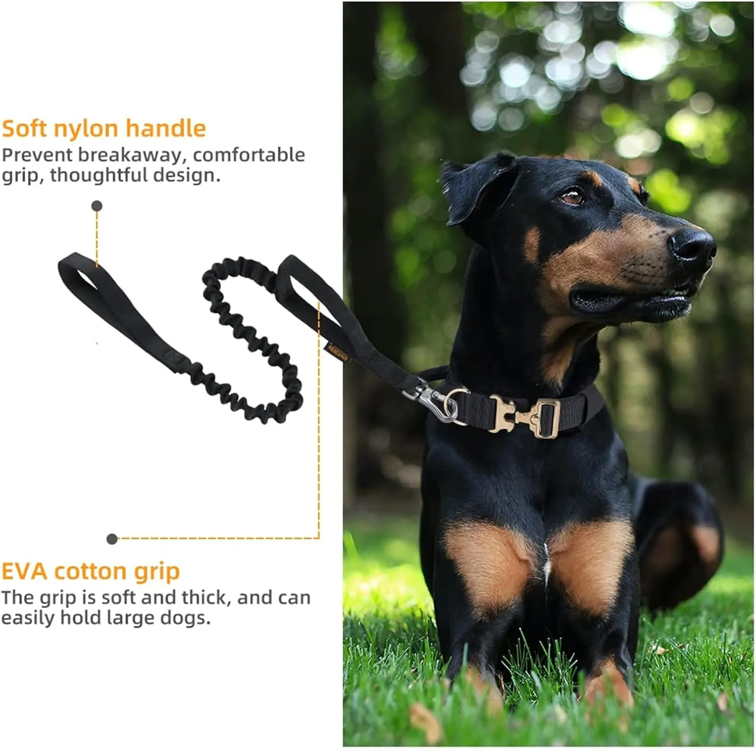 EXCELLENT ELITE SPANKER Military Bungee Dog Leash Elastic Leads Rope with 2 Padded Control Handle for Medium and Small Dogs (Black)