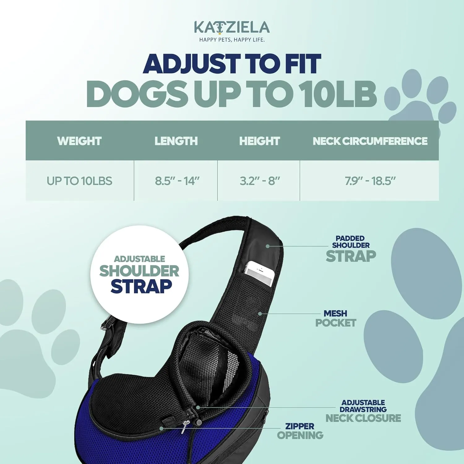 Expandable Pet Carrier Sling Bag - Small Dog, Puppy and Cat Carrier Front Shoulder Backpack w/Harness Strap - Carrying Pouch for ESA, Animal Travel - PU Leather Bottom, Mesh Pocket by Katziela (Blue)