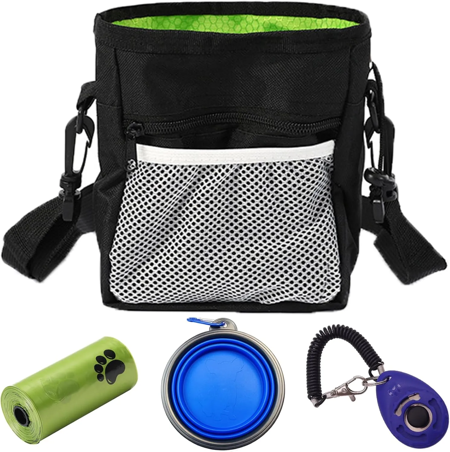 Gliitatu Dog Treat Pouch Built-in Poop Bag Dispenser and Training Clicker and Collapsible Dog Bowl and Poop Bag 4Pack Dog Training Kit Treat Pouches for Pet Training with Clip, Adjustable Strap