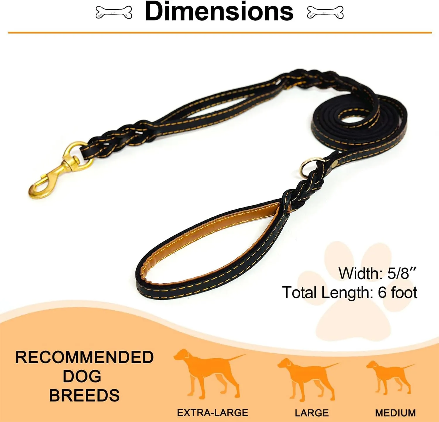 Guiding Star Double Handle Leather Dog Leash 6ft, Heavy Duty Braided Dog Leash with Traffic Handle for Small Medium & Large Dogs (Black, 6ft x 5/8 inch)