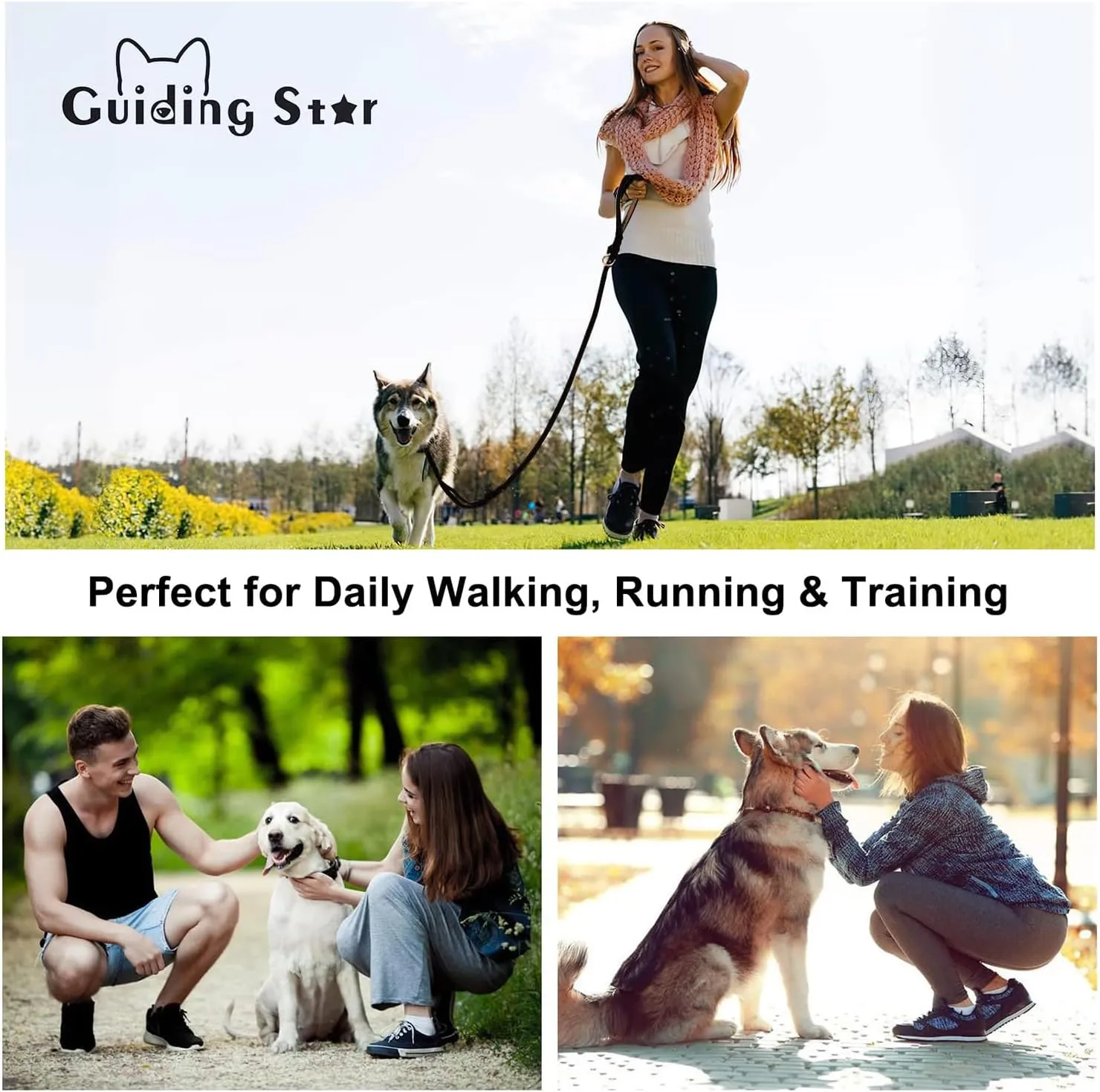 Guiding Star Double Handle Leather Dog Leash 6ft, Heavy Duty Braided Dog Leash with Traffic Handle for Small Medium & Large Dogs (Black, 6ft x 5/8 inch)