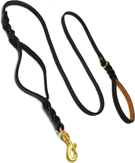 Guiding Star Double Handle Leather Dog Leash 6ft, Heavy Duty Braided Dog Leash with Traffic Handle for Small Medium & Large Dogs (Black, 6ft x 5/8 inch)