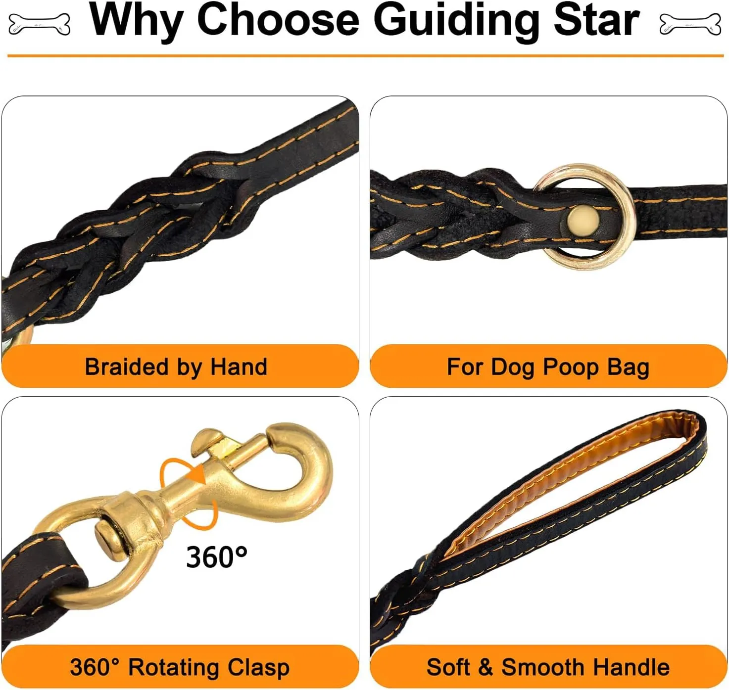 Guiding Star Double Handle Leather Dog Leash 6ft, Heavy Duty Braided Dog Leash with Traffic Handle for Small Medium & Large Dogs (Black, 6ft x 5/8 inch)