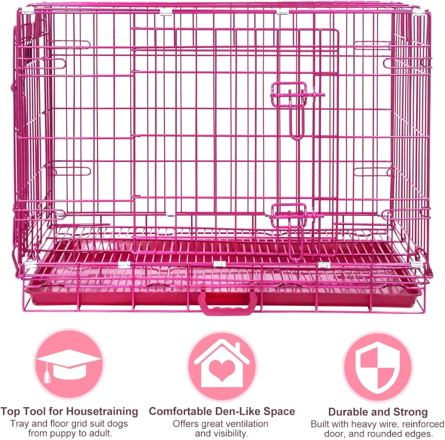 HOMEY PET 30 Inch Pink Dog Crate, Cute Cage Medium Sized Dog Collapsible Small Dog Kennel Indoor Nano-Coated Metal Wire Dog Crate with Removable Floor Grid Tray, Double Doors Dual Locks, Handle