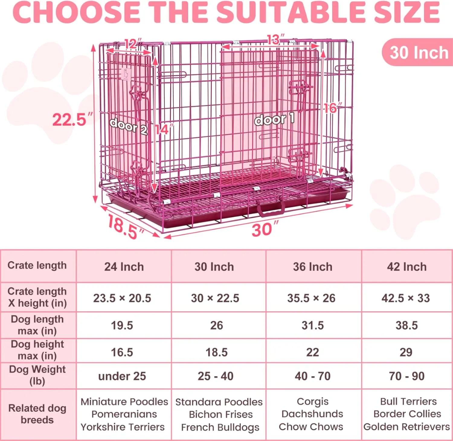 HOMEY PET 30 Inch Pink Dog Crate, Cute Cage Medium Sized Dog Collapsible Small Dog Kennel Indoor Nano-Coated Metal Wire Dog Crate with Removable Floor Grid Tray, Double Doors Dual Locks, Handle