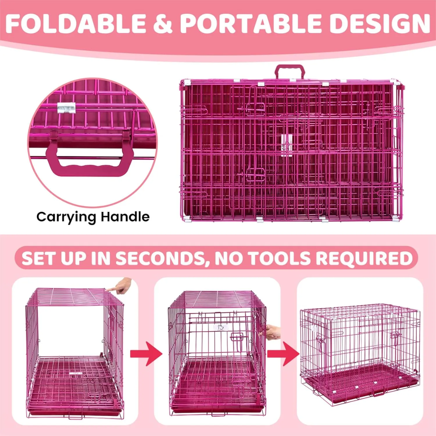 HOMEY PET 30 Inch Pink Dog Crate, Cute Cage Medium Sized Dog Collapsible Small Dog Kennel Indoor Nano-Coated Metal Wire Dog Crate with Removable Floor Grid Tray, Double Doors Dual Locks, Handle