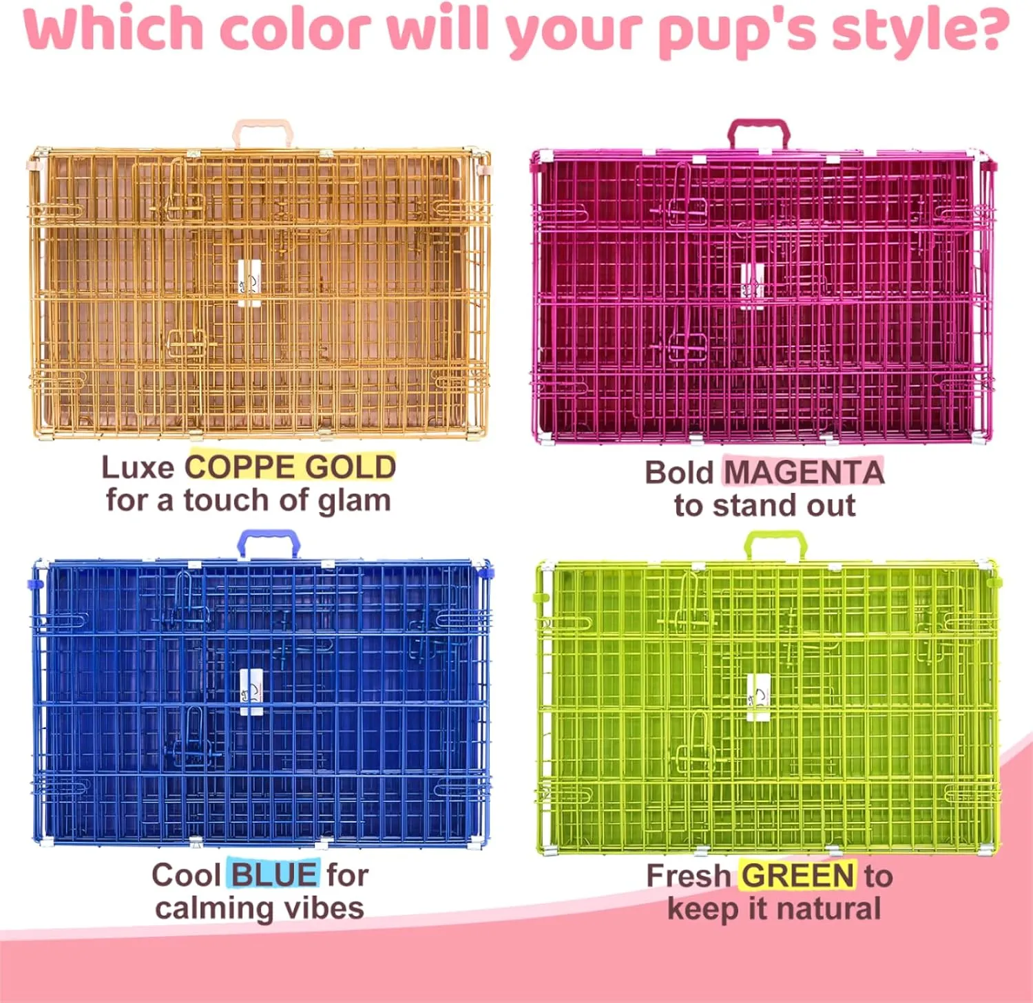 HOMEY PET 30 Inch Pink Dog Crate, Cute Cage Medium Sized Dog Collapsible Small Dog Kennel Indoor Nano-Coated Metal Wire Dog Crate with Removable Floor Grid Tray, Double Doors Dual Locks, Handle