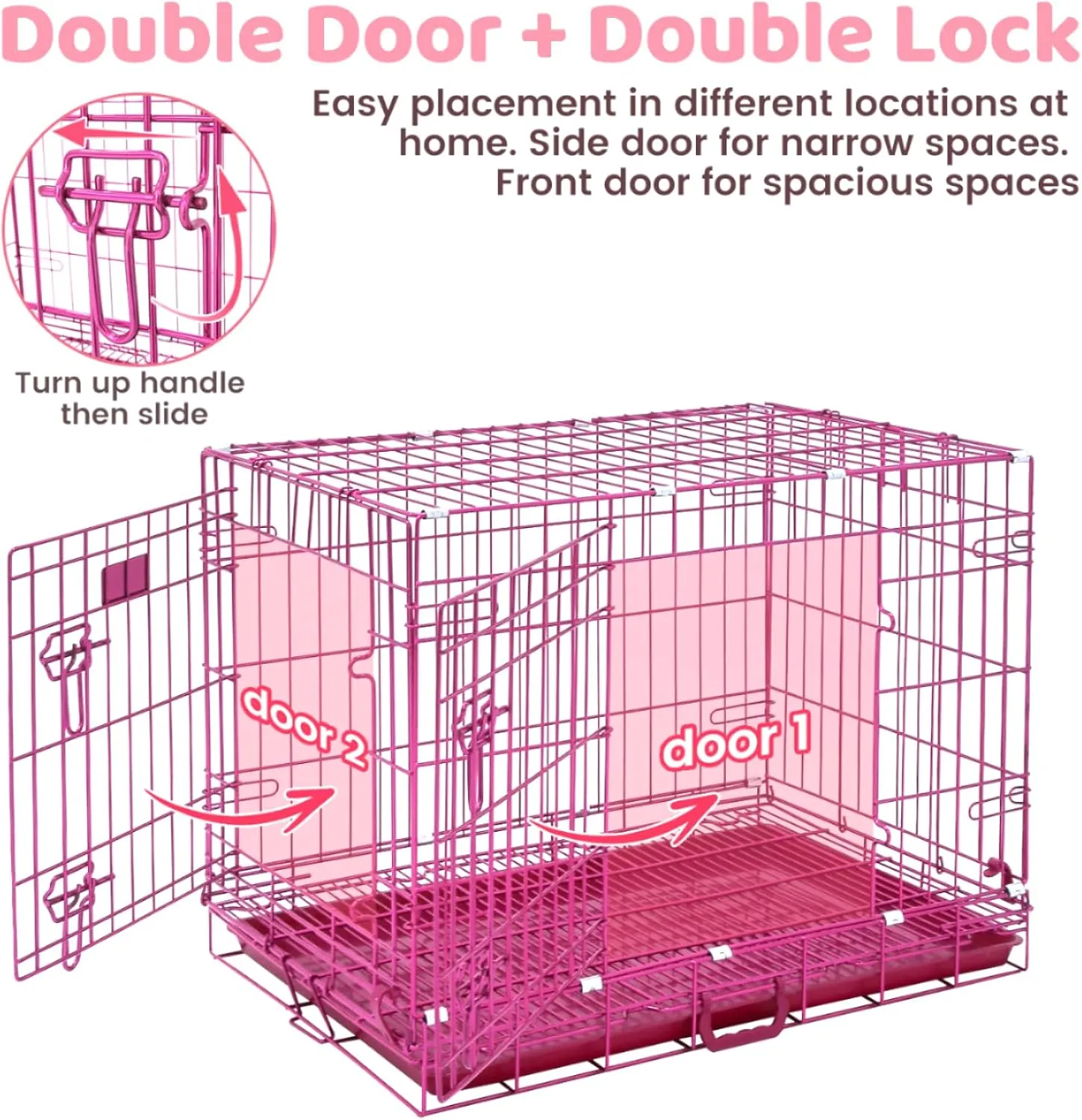 HOMEY PET 30 Inch Pink Dog Crate, Cute Cage Medium Sized Dog Collapsible Small Dog Kennel Indoor Nano-Coated Metal Wire Dog Crate with Removable Floor Grid Tray, Double Doors Dual Locks, Handle