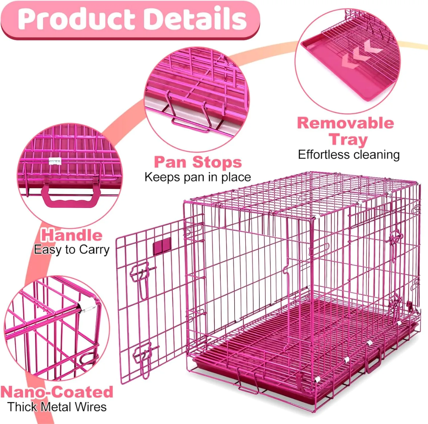 HOMEY PET 30 Inch Pink Dog Crate, Cute Cage Medium Sized Dog Collapsible Small Dog Kennel Indoor Nano-Coated Metal Wire Dog Crate with Removable Floor Grid Tray, Double Doors Dual Locks, Handle