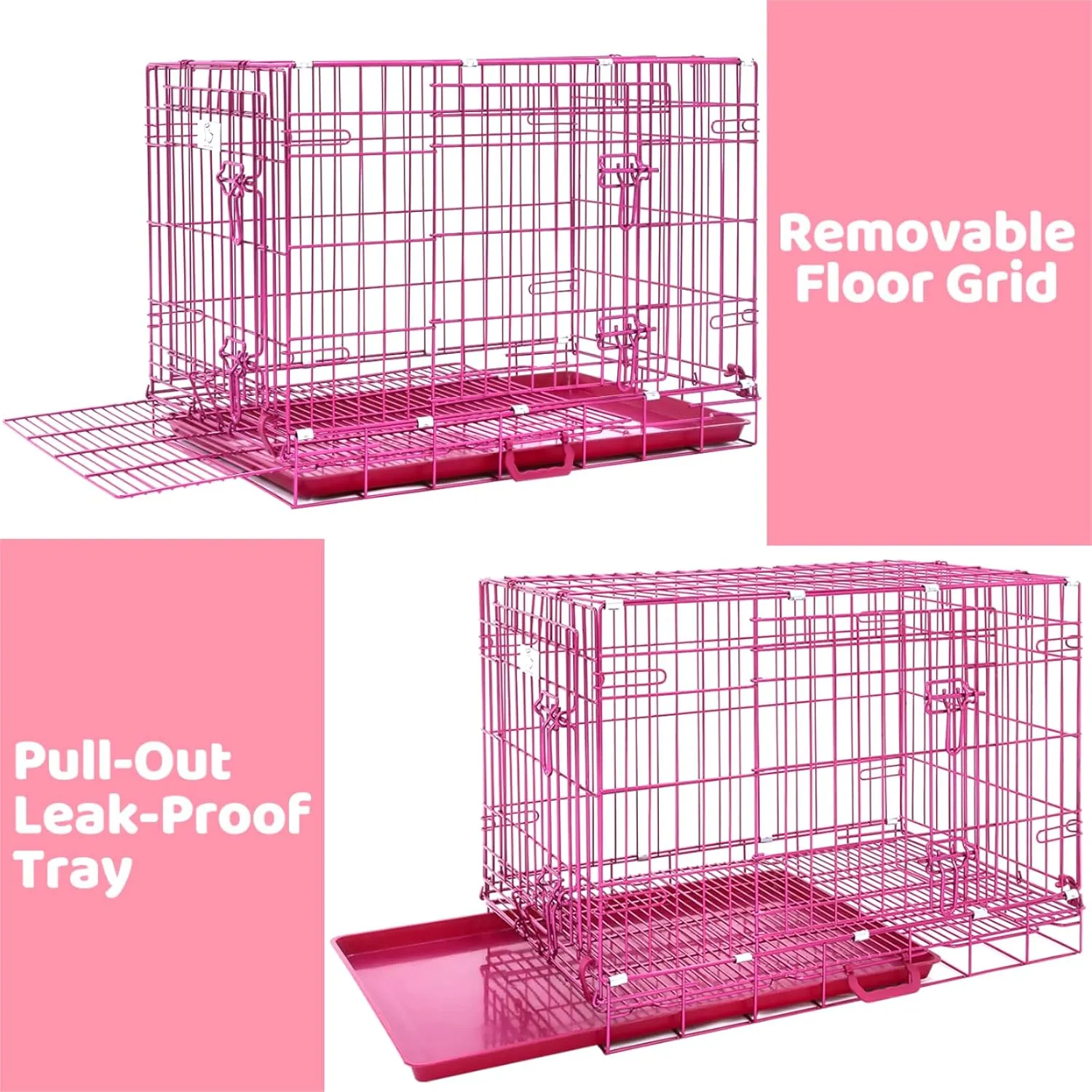 HOMEY PET 30 Inch Pink Dog Crate, Cute Cage Medium Sized Dog Collapsible Small Dog Kennel Indoor Nano-Coated Metal Wire Dog Crate with Removable Floor Grid Tray, Double Doors Dual Locks, Handle