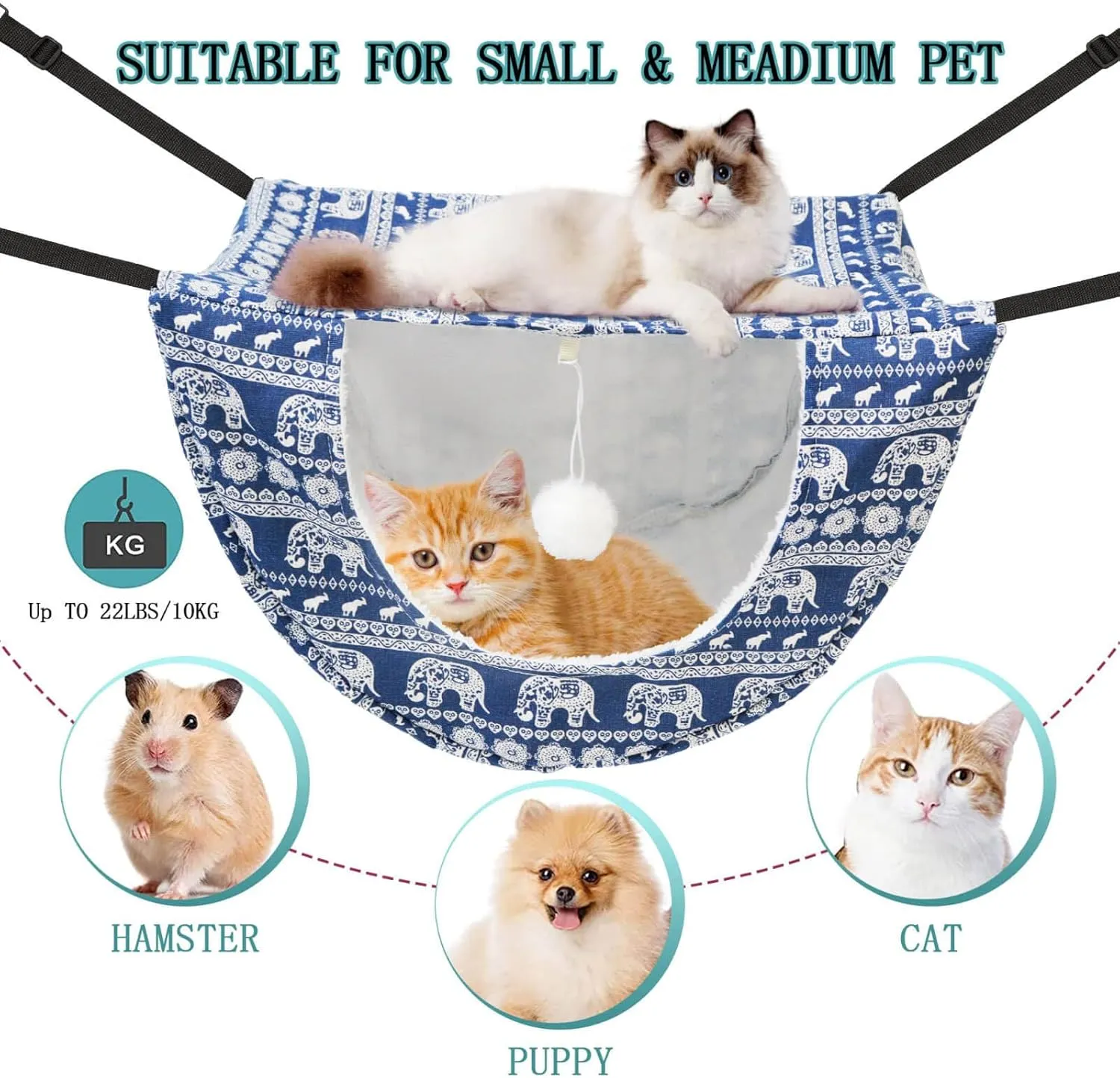 JSPYFITS Cat Cage Hammock with Ball,Double Layer Hanging Adjustable Soft Pet Bed Suit for Kitten Ferret Puppy Rabbit or Small Pet, 2 Level Indoor Bed for All Season(Blue Elephant)