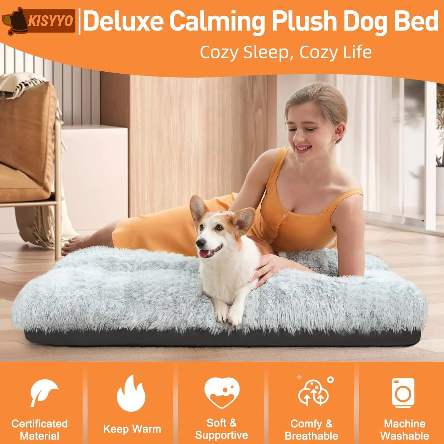 KISYYO XL Dog Bed Deluxe Cozy Plush Fixable Kennel Beds for Crates, Washable , 42 x 28 x 5.5 Inches, Grey