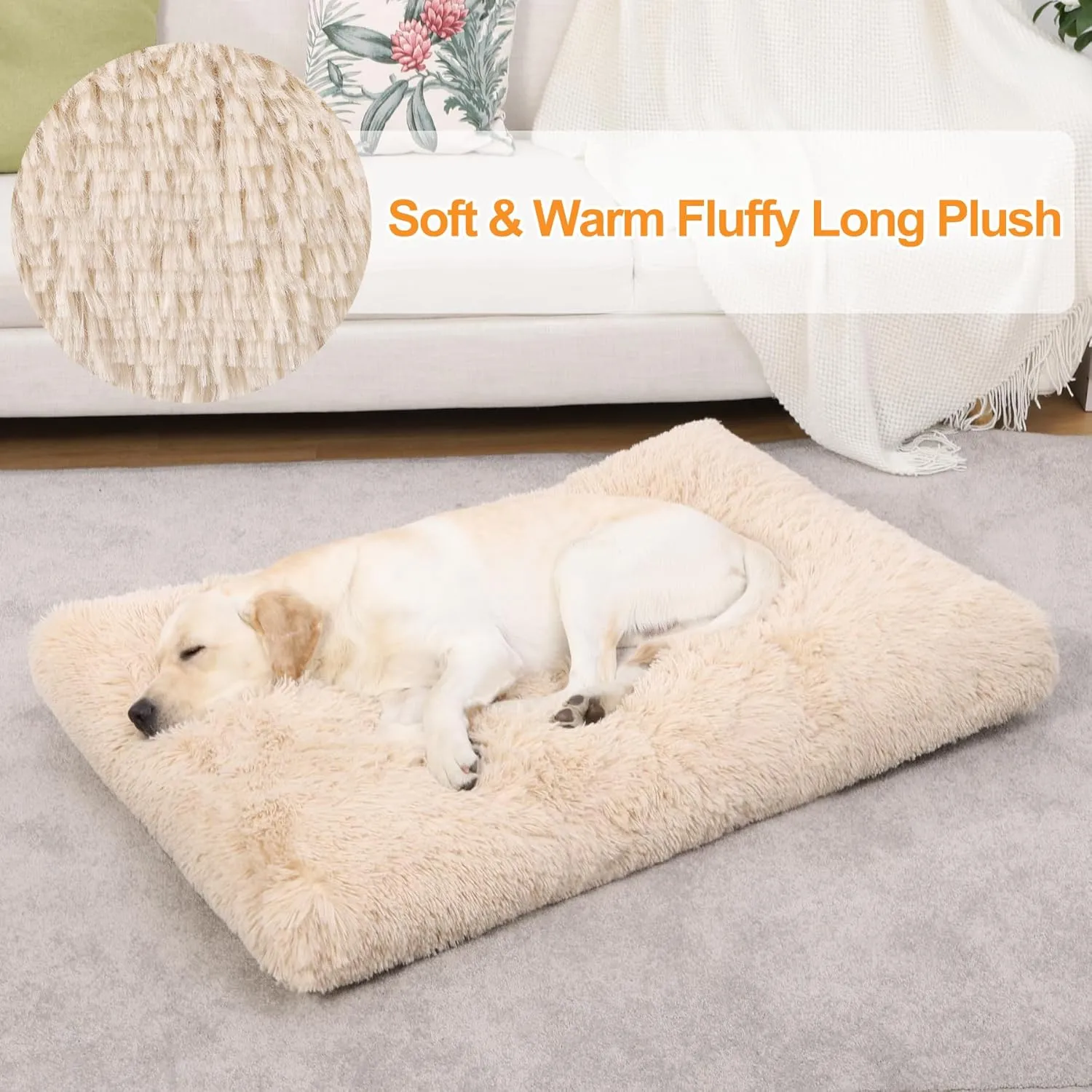 KSIIA Dog Crate Bed Washable Jumbo Dog Beds for Large Dogs Deluxe Plush Fluffy Comfy Thick Kennel Pad Anti-Slip & Anti-Scratch Pet Sleeping Mat, 48 x 29 Inch, Camel