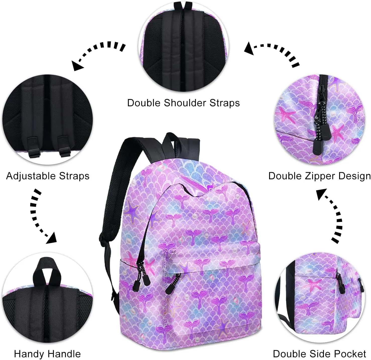 Mermaid Tail School Backpack for Girls, Mermaid Backpack for School, Kids Cute Mermaid Print Bookbag, 16 Inch Pearl Mermaid Tail Theme Laptop Back Pack for School Travel Hiking Camping