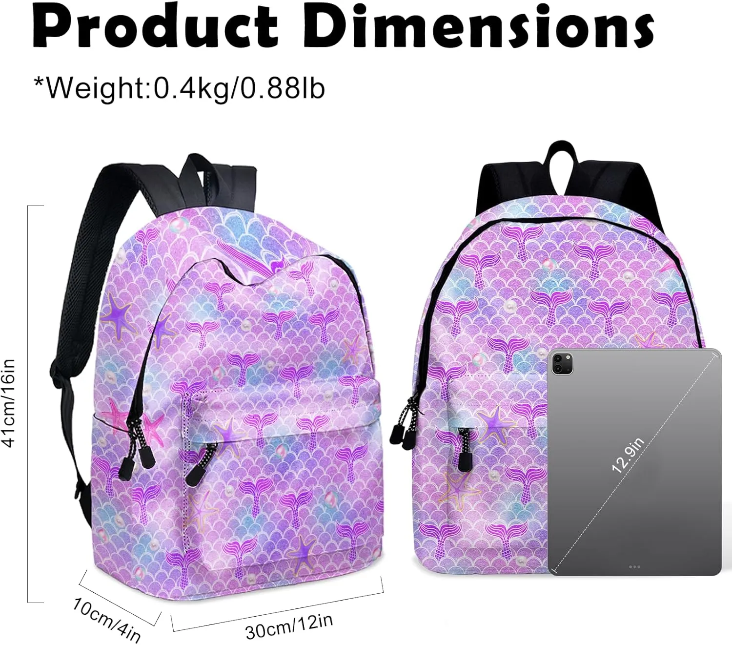 Mermaid Tail School Backpack for Girls, Mermaid Backpack for School, Kids Cute Mermaid Print Bookbag, 16 Inch Pearl Mermaid Tail Theme Laptop Back Pack for School Travel Hiking Camping