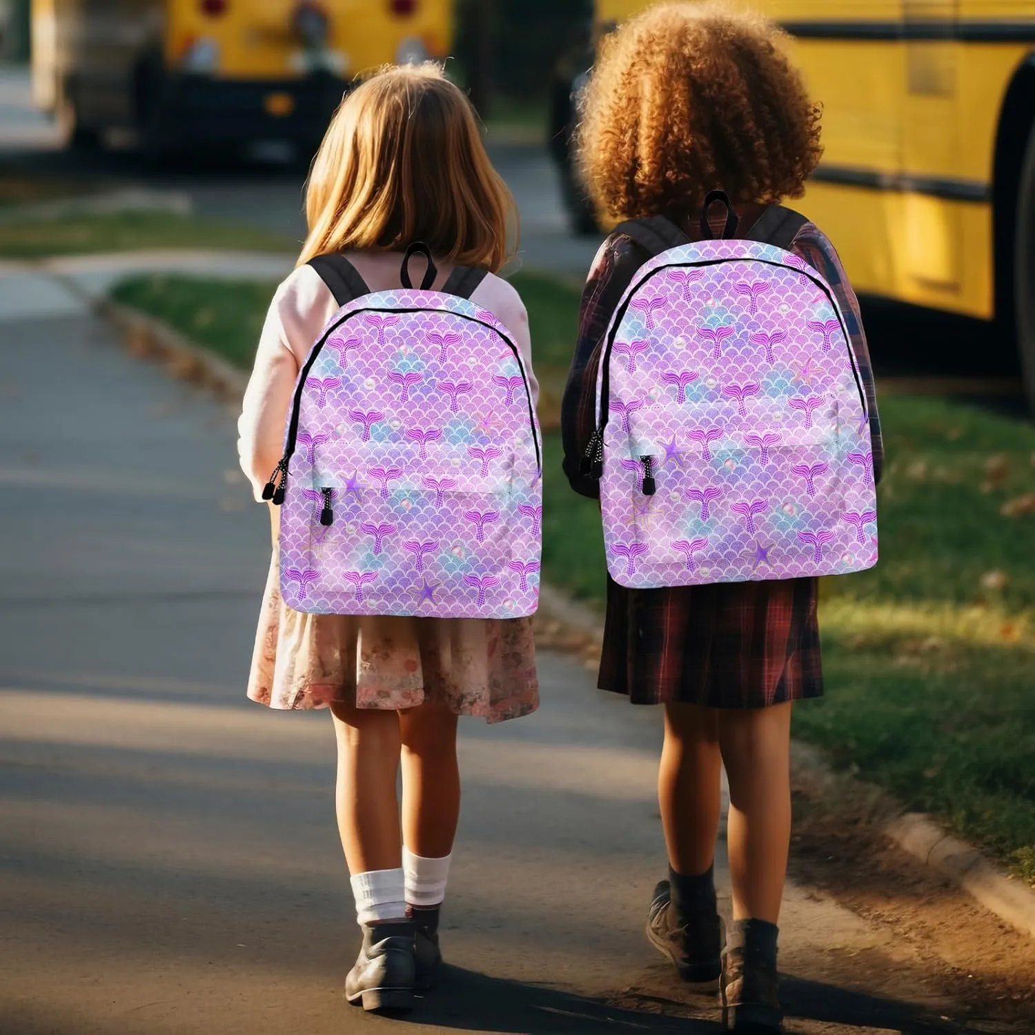 Mermaid Tail School Backpack for Girls, Mermaid Backpack for School, Kids Cute Mermaid Print Bookbag, 16 Inch Pearl Mermaid Tail Theme Laptop Back Pack for School Travel Hiking Camping