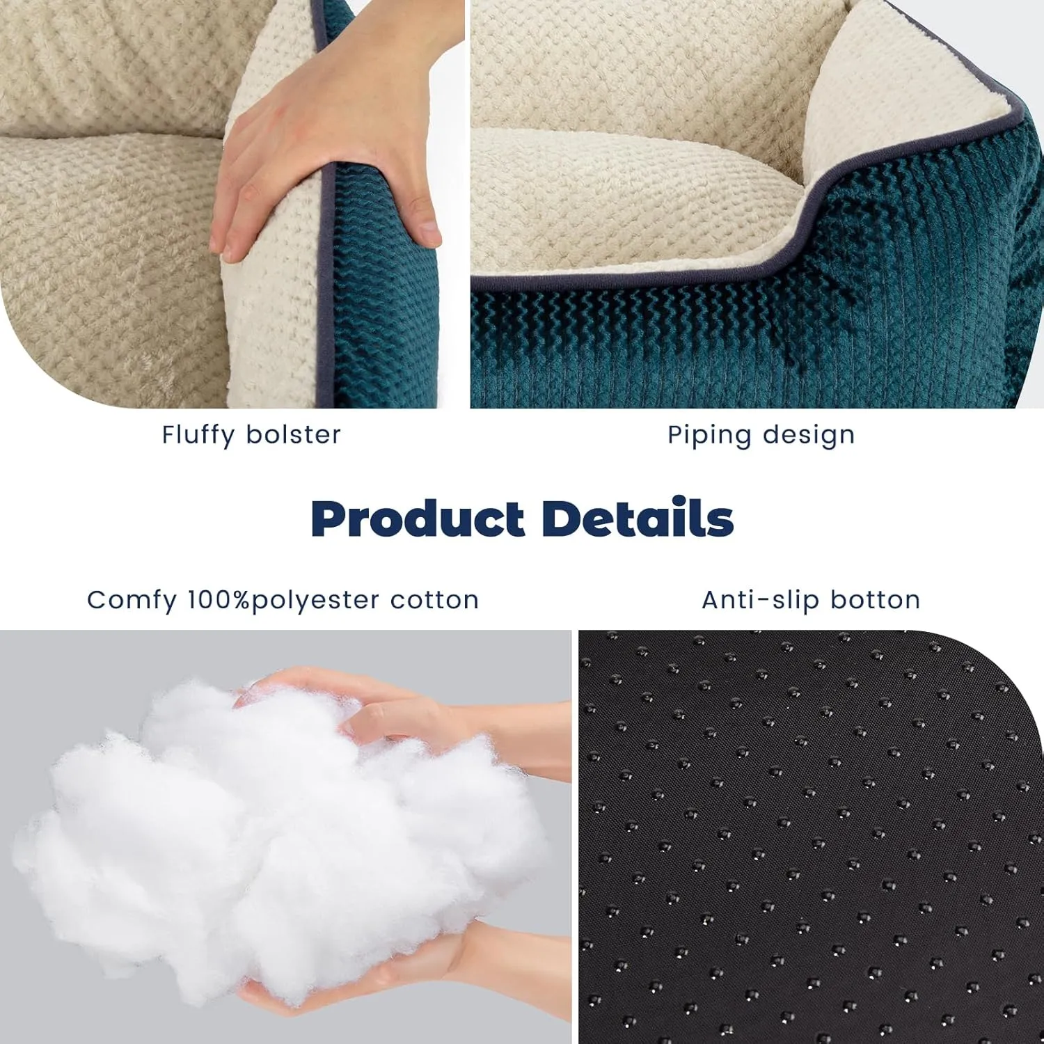 Miguel Medium Small Dog Bed with Washable Removable Cover - Rectangle Pet Bed for Indoor Cats with Bolster Soft Cuddle Bed for Puppies with Supportive Side Wall Slip-Resistant Bottom, Blue 25 Inches