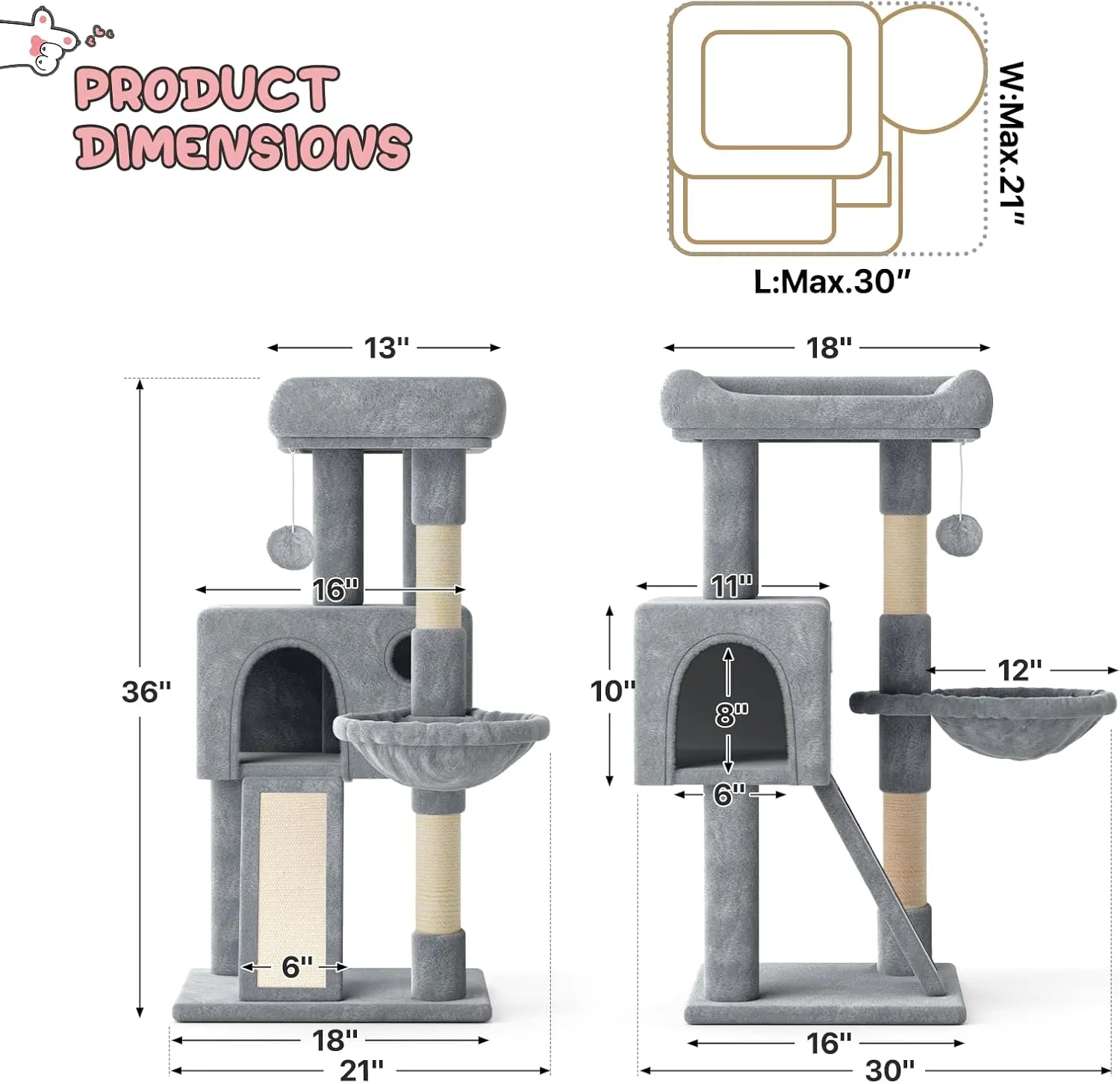 MoNiBloom Cat Tree - 36 Inch Tower with Condo, Scratching Post & Board, Hammock, Indoor Cat Climbing Tree, Light Grey