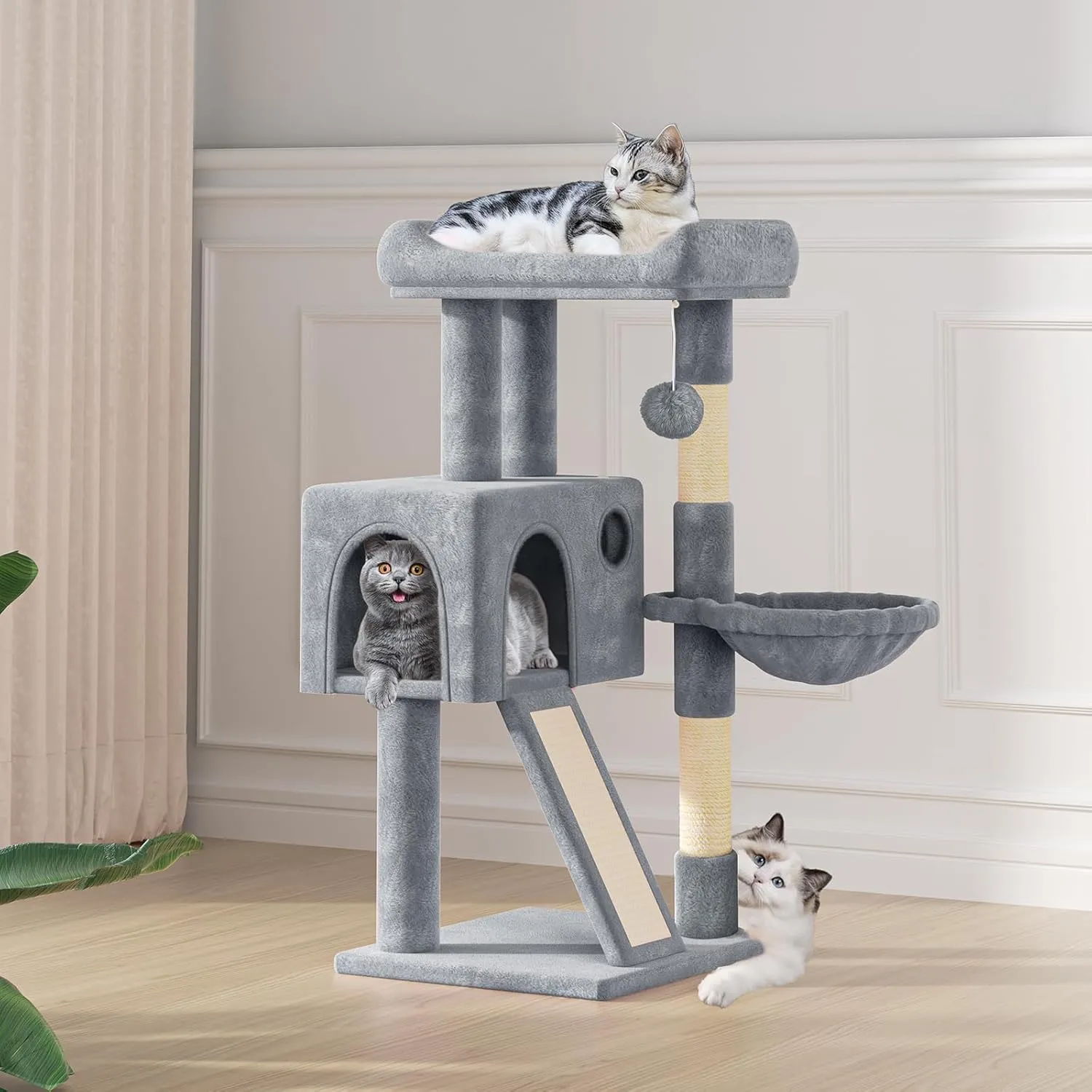MoNiBloom Cat Tree - 36 Inch Tower with Condo, Scratching Post & Board, Hammock, Indoor Cat Climbing Tree, Light Grey