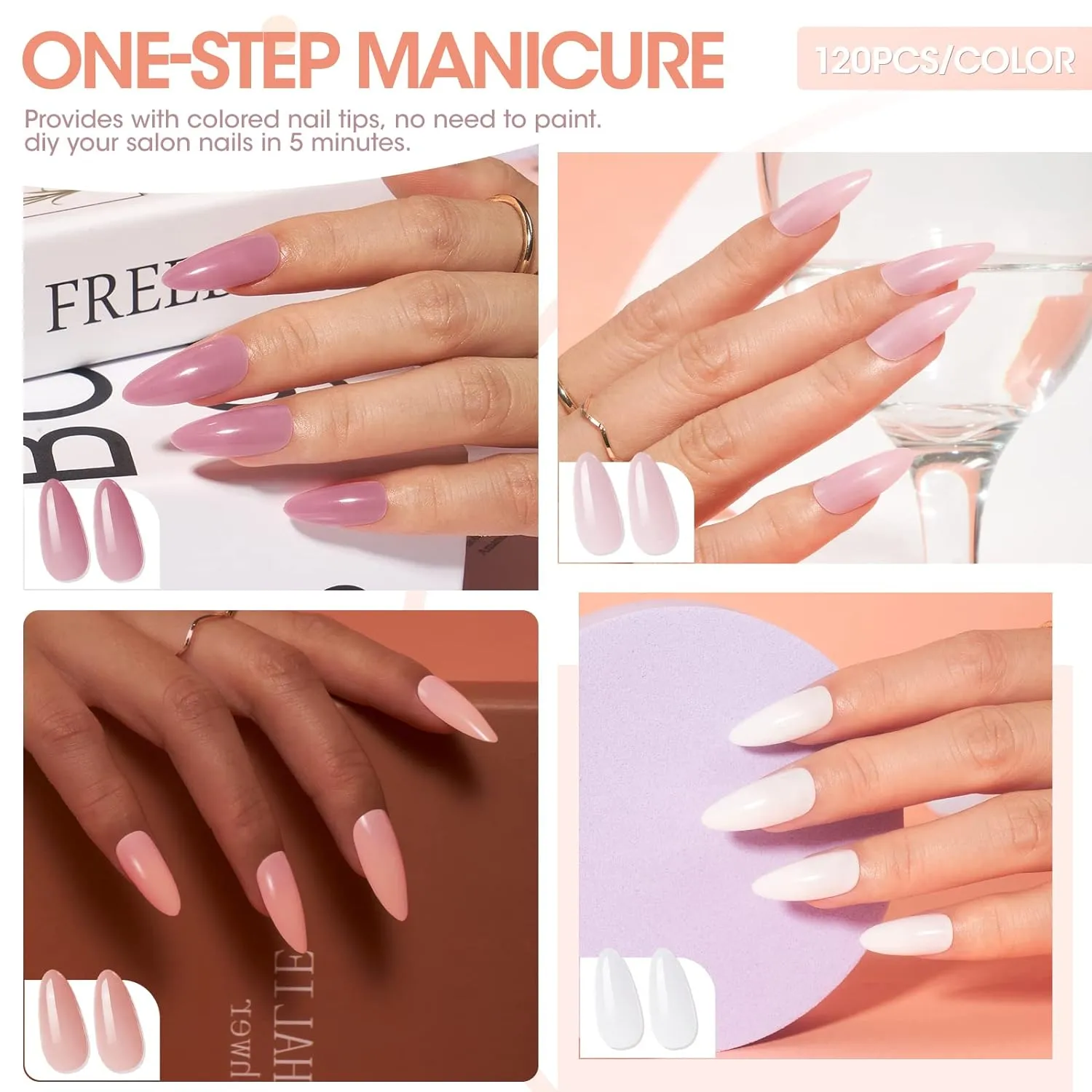 Nail Tips and Glue Gel Kit, 480Pcs Medium Almond Fake Nails, Easy Nail Glue Gel Nail Extension Kit With UV Light